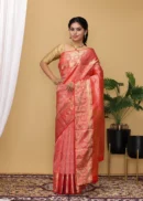 Orange Pink Floral Motif Silk Woven Kanchipuram Silk Saree