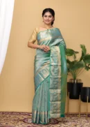 Sky Blue Green Floral Motif Silk Woven Kanchipuram Silk Saree