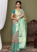 Sky Blue & Red Floral Motif Silk Woven Kanchipuram Silk Saree