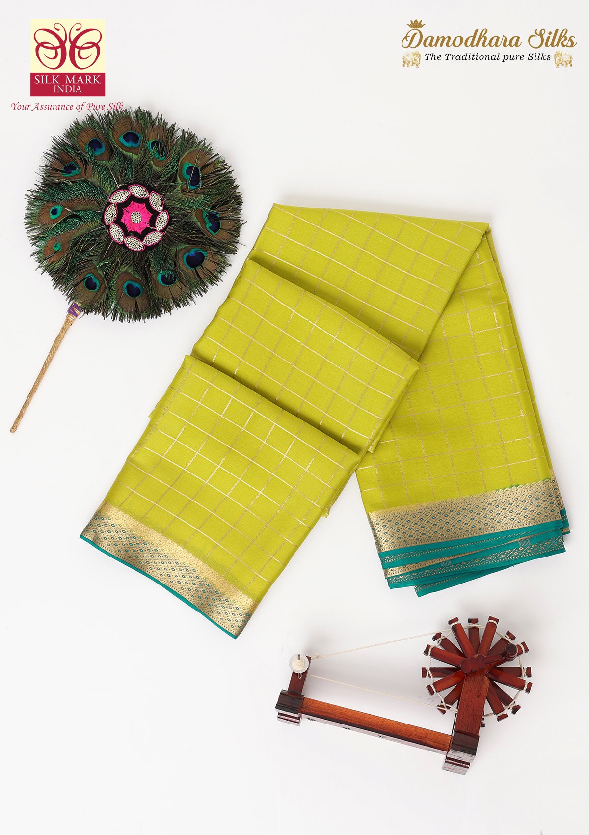 Parrot Green With Dark Rama Checks Mysore Silk Saree