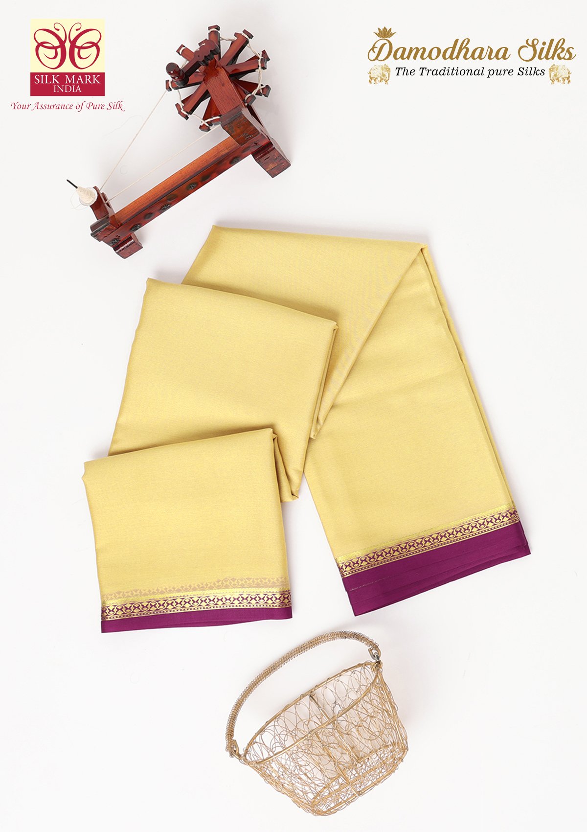 Light Gold Cream With Purple Mysore Silk Saree