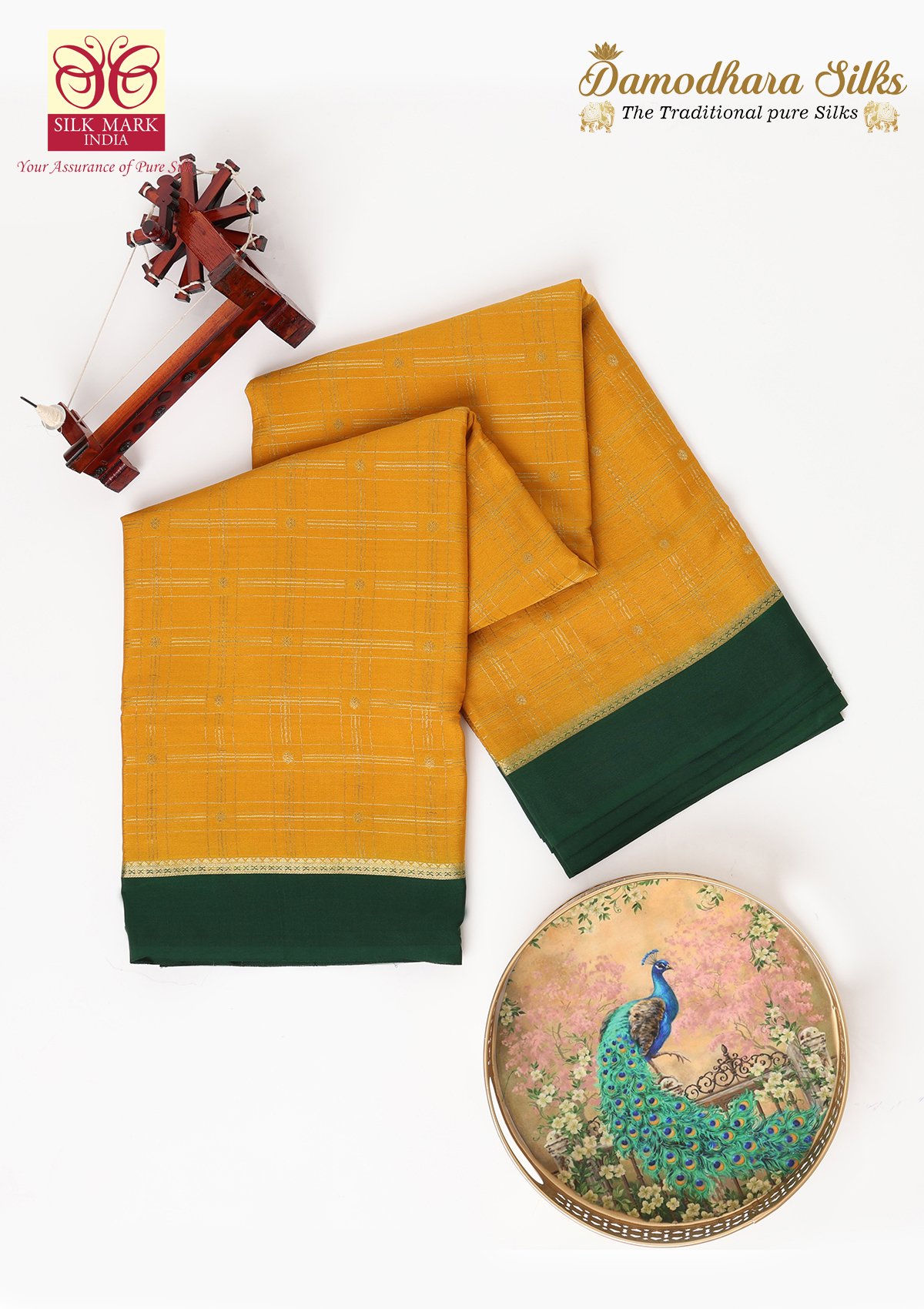 Light Mustard With Bottle Green Salari Checks Butta Mysore Silk Saree