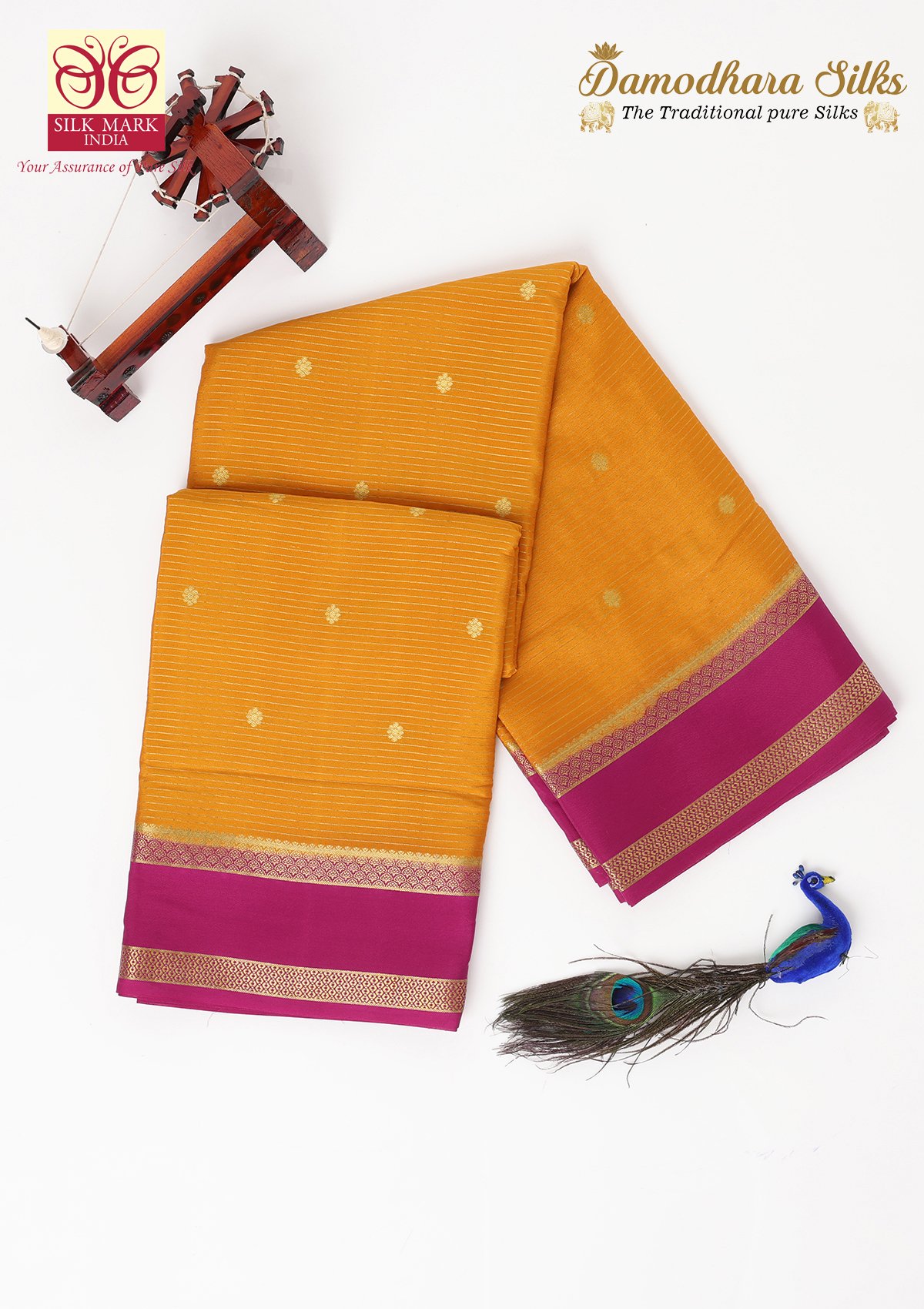 Mustard With Dark Pink Salari Butta Bentex Border Mysore Silk Saree