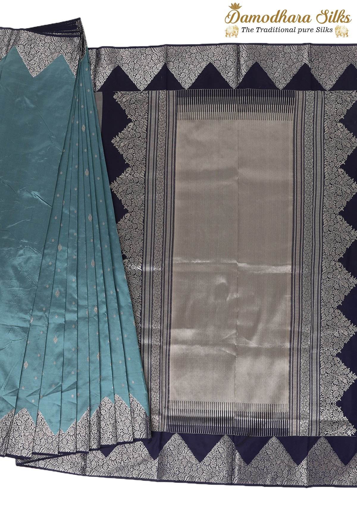 Silver Blue Gray With Navy Blue Dual Tone Kanchipuram Silk Saree