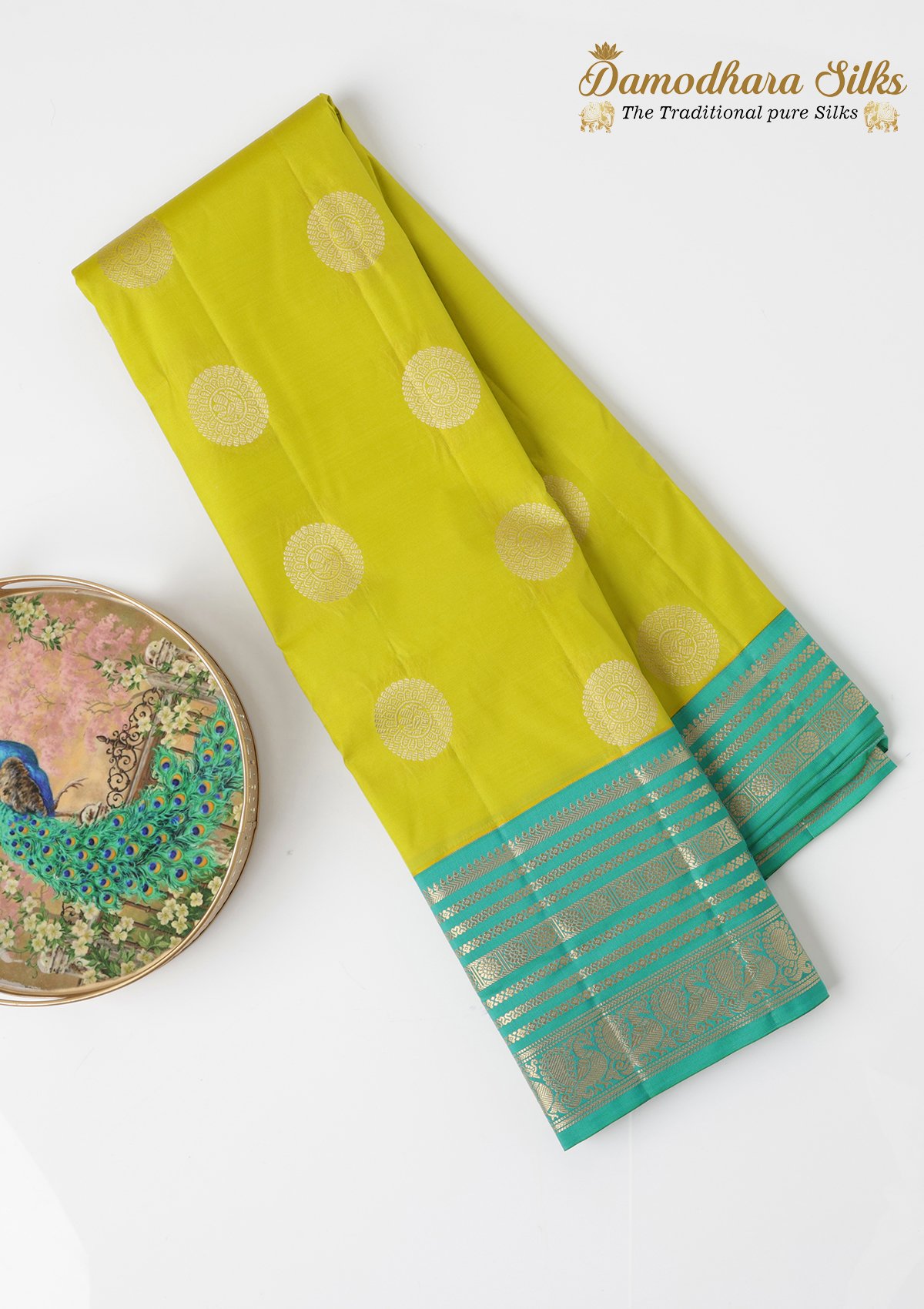 Olive Gold with Dark Rama Peacock butta kanchipuram silk saree