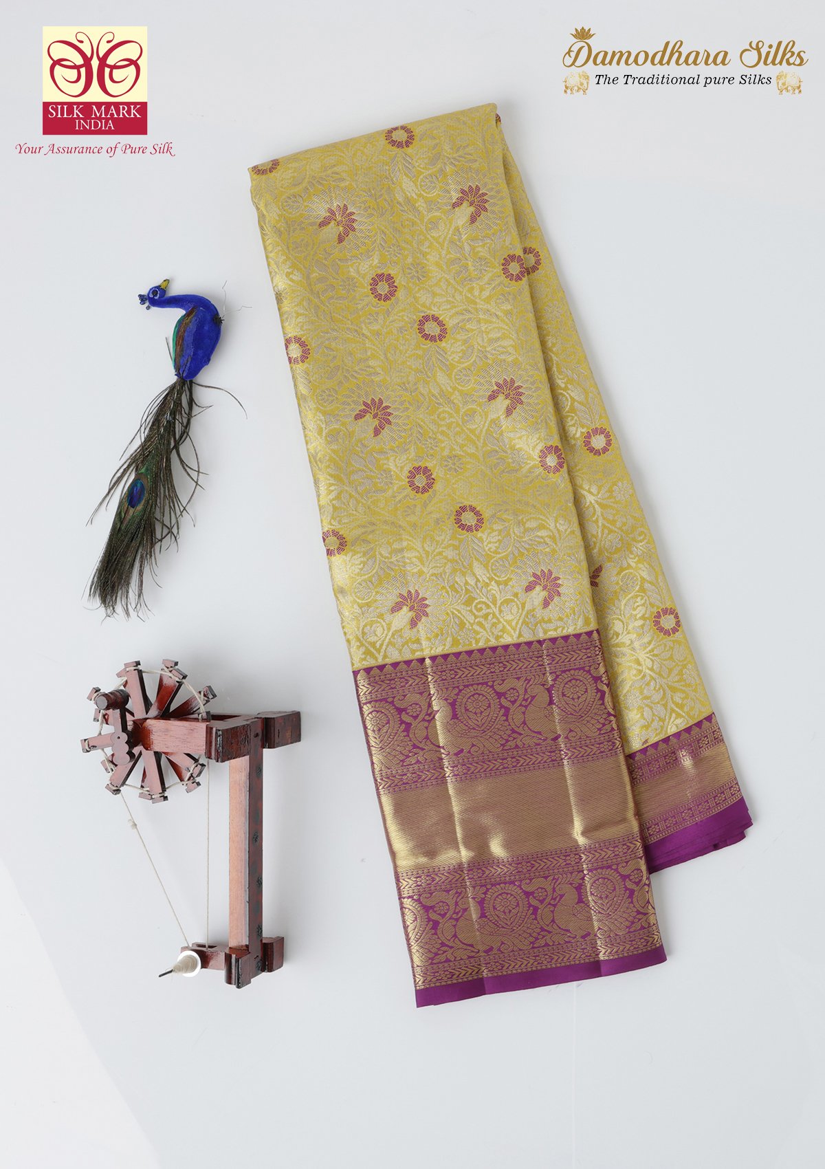 Yellow Gold With Purple Bridal Wedding kanchipuram Silk Saree