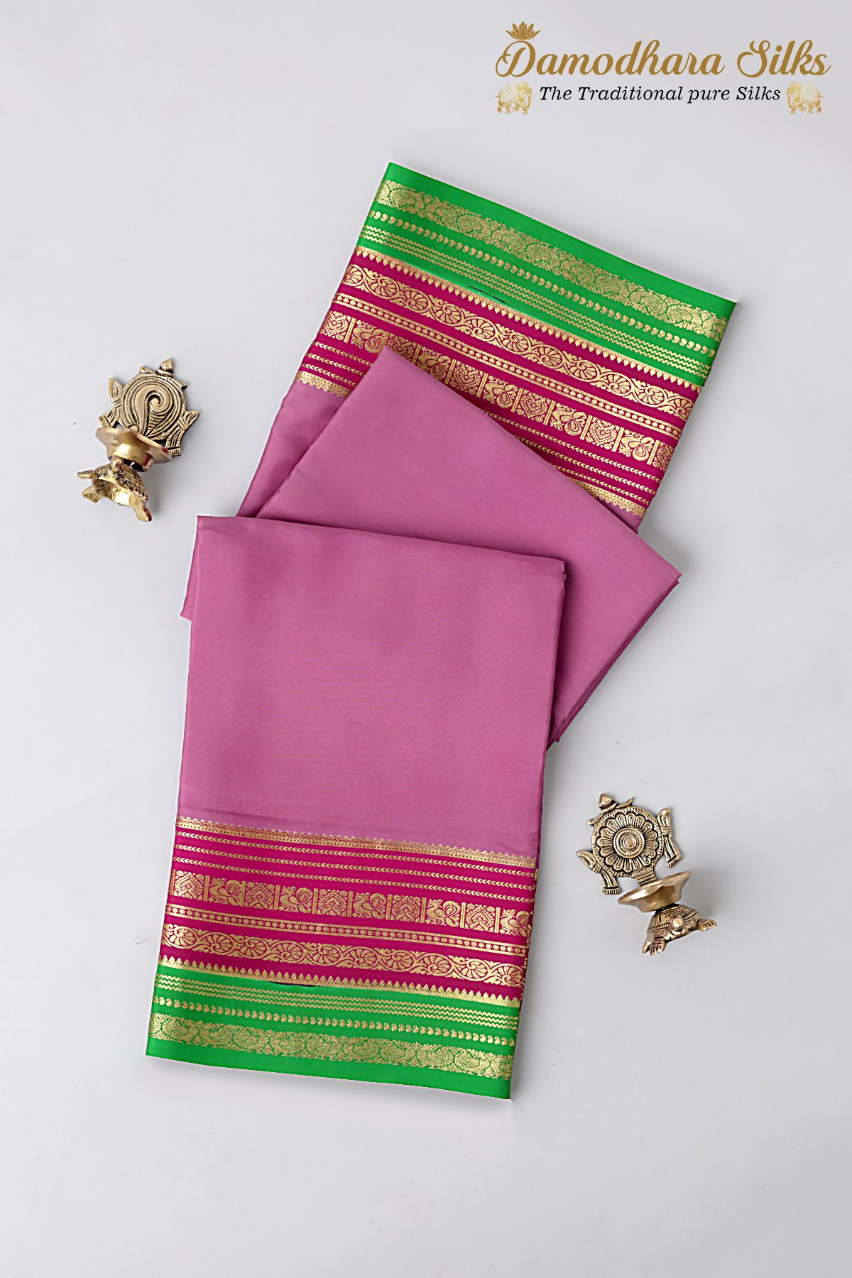 Lavender Pink Parrot Green Mysore Silk Saree