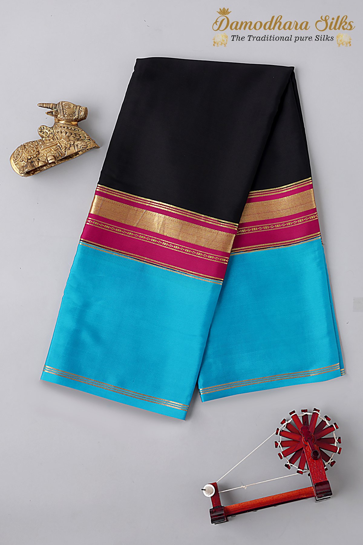 3D Color Black Pink Sky Blue Mysore Silk Saree