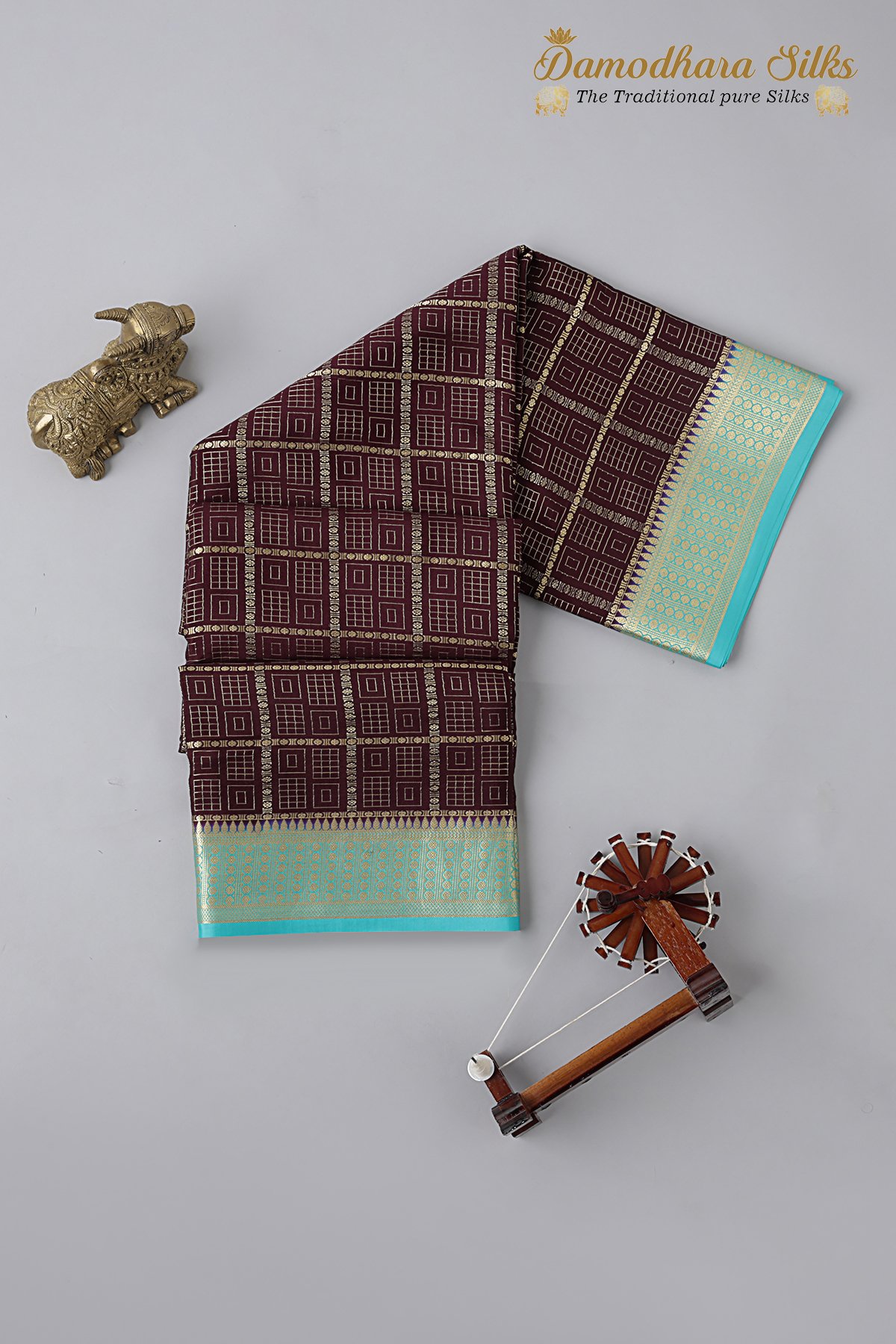 Brown Chocolate With Sky Blue Mysore Silk Saree