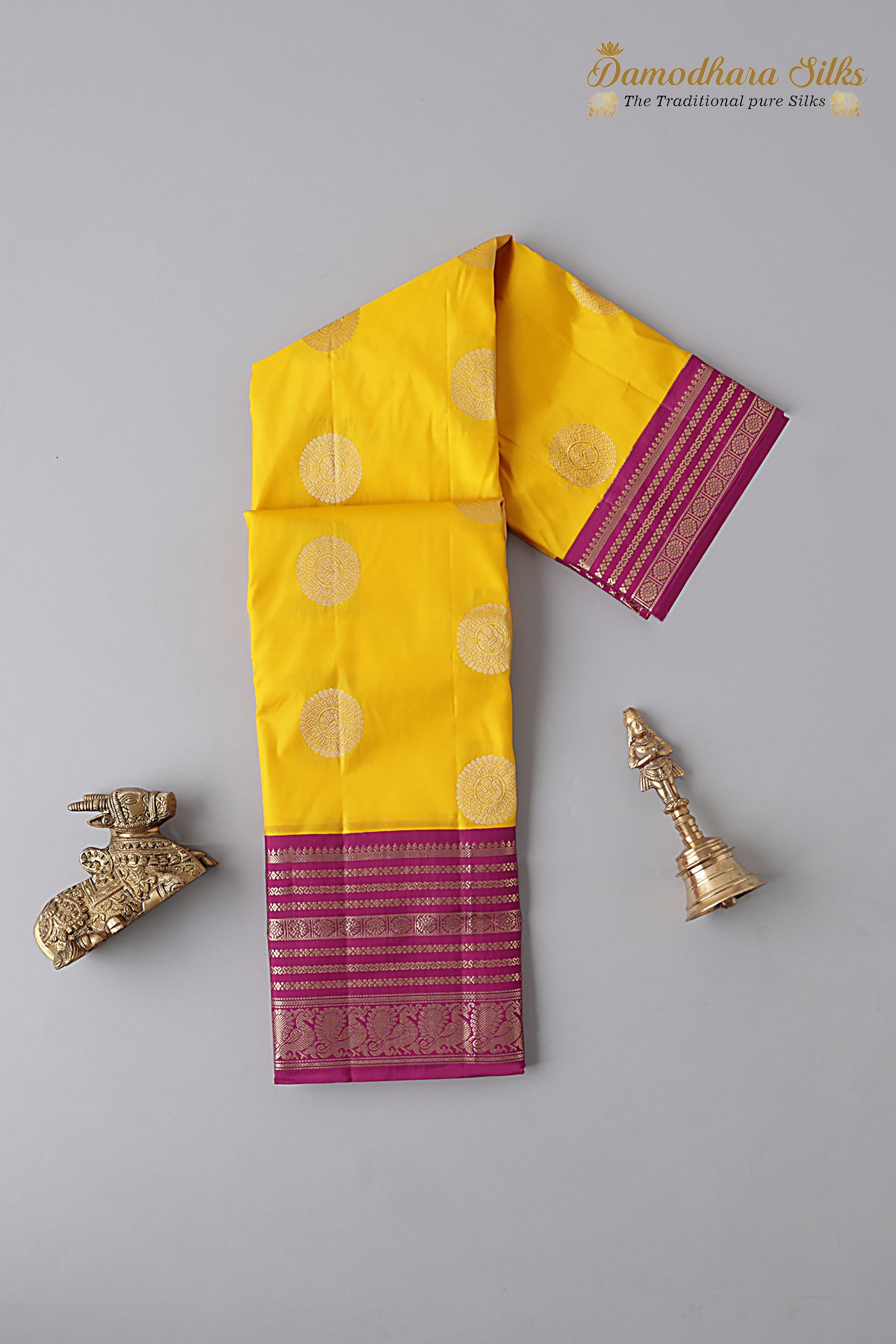 Gold With Dark Pink Peacock Motif Kanchipuram Silk Saree