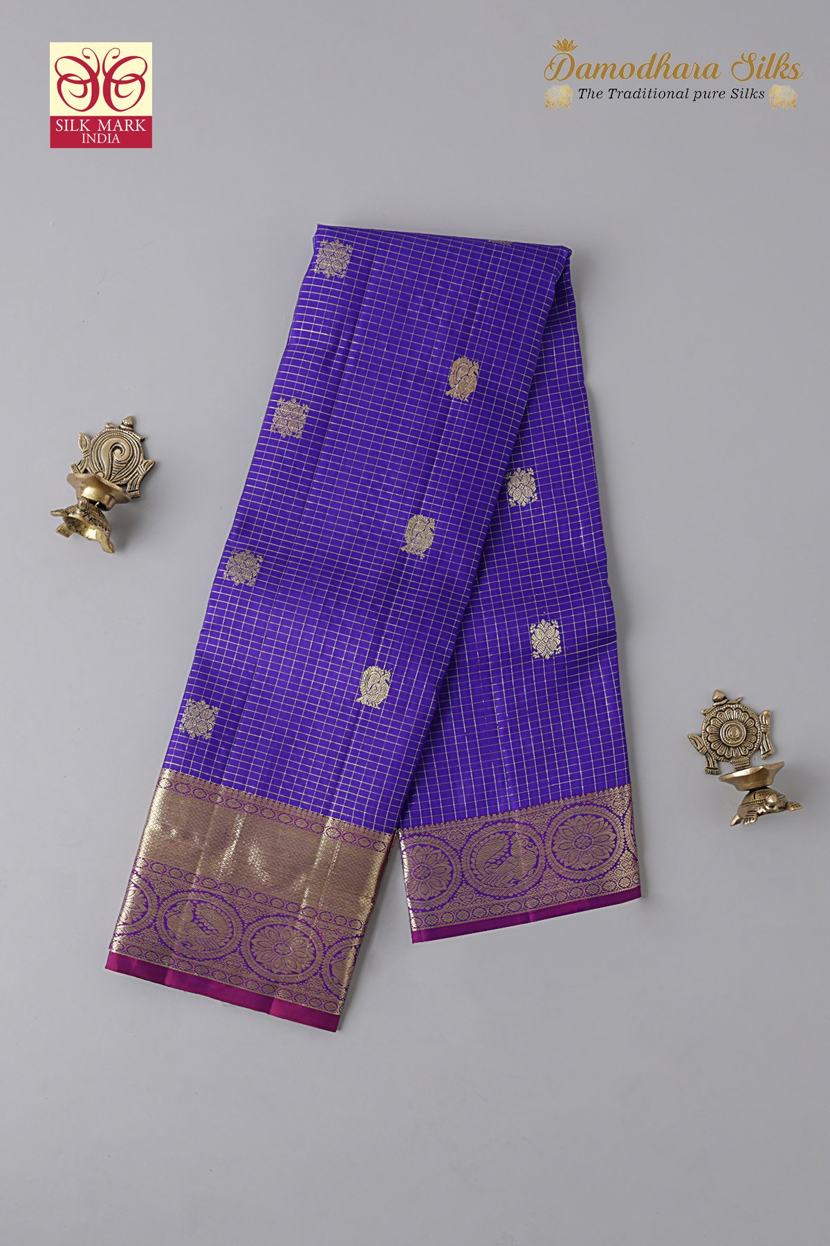 Violet in Pink Purple Small Checks Butta Kanchipuram Silk Saree