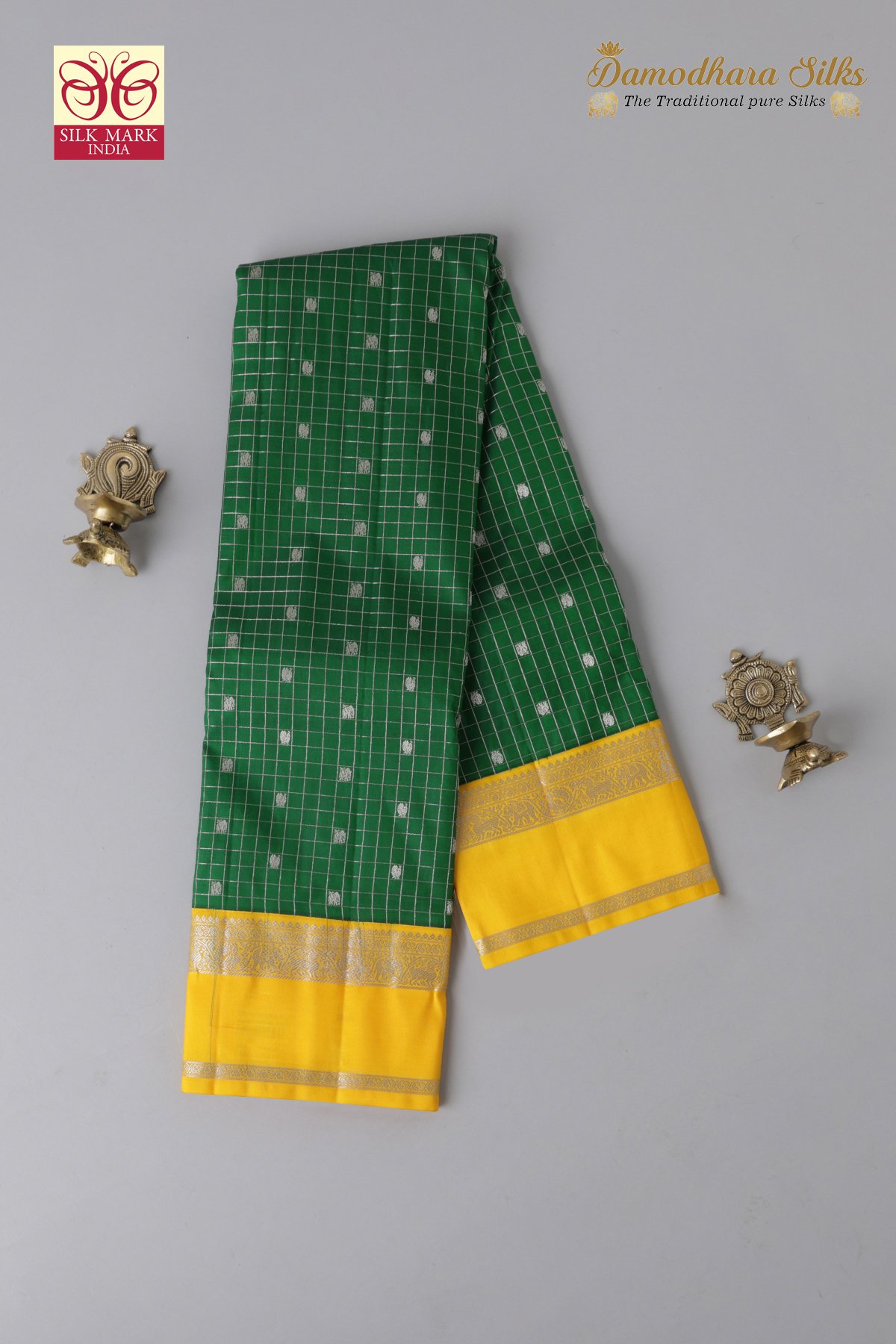 Green With Gold Peacock Elephant Motif Kanchipuram Silk Saree