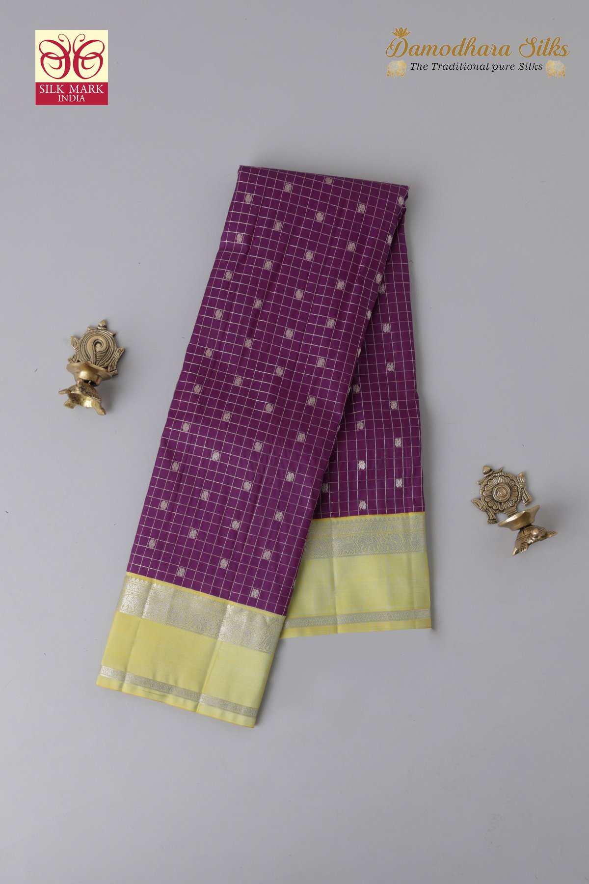 Purple With Lime Gold Sky Blue Peacock & Elephant Motif Kanchipuram Silk Saree