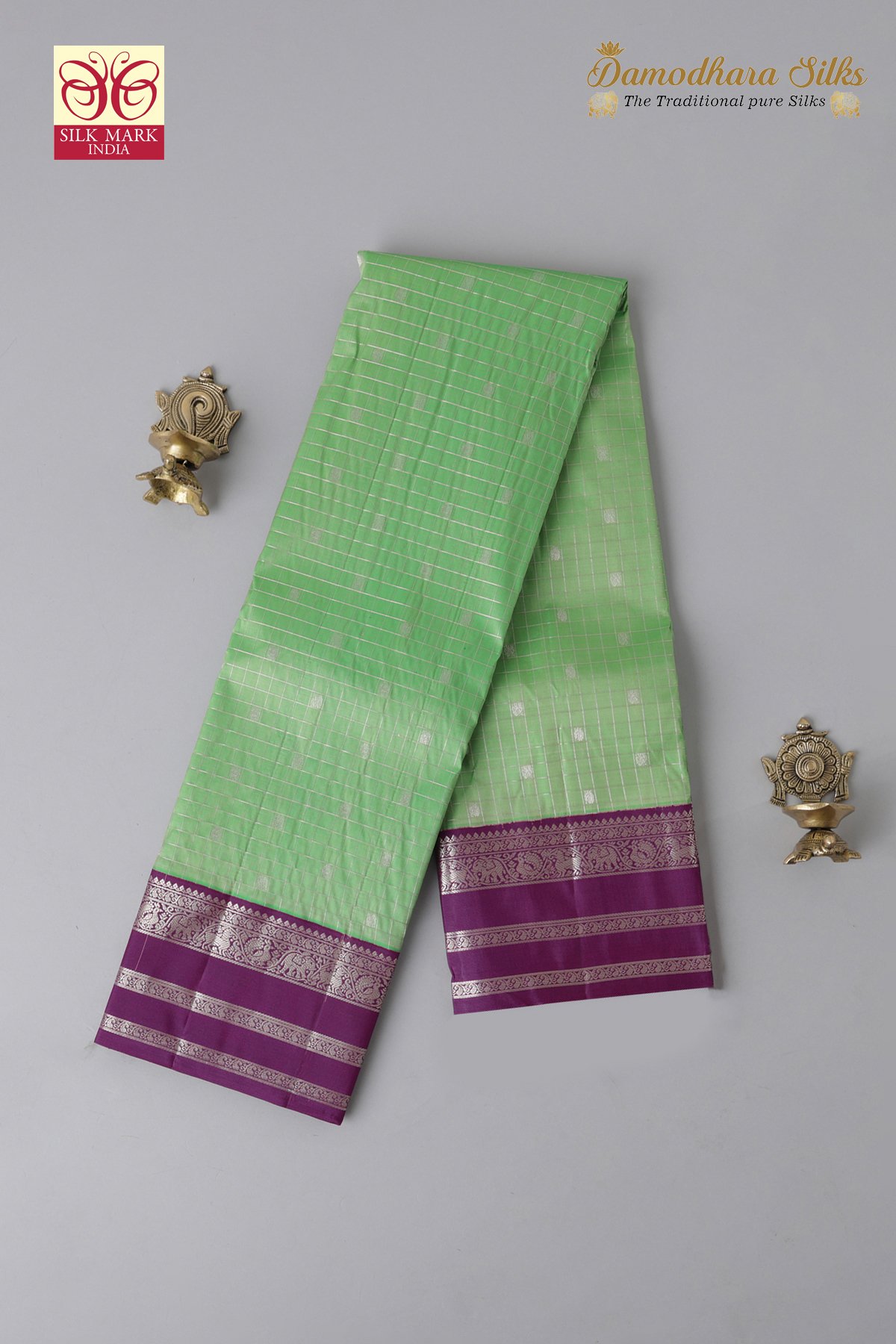 Light Parrot Green With Purple Peacock & Elephant Motif Kanchipuram Silk Saree