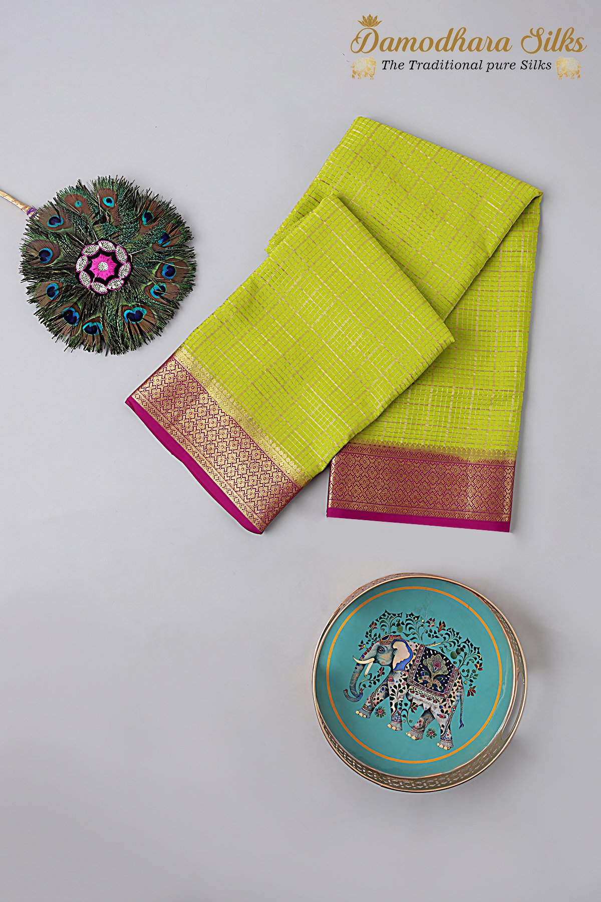 Olive With Pink Checks Mysore Silk Saree