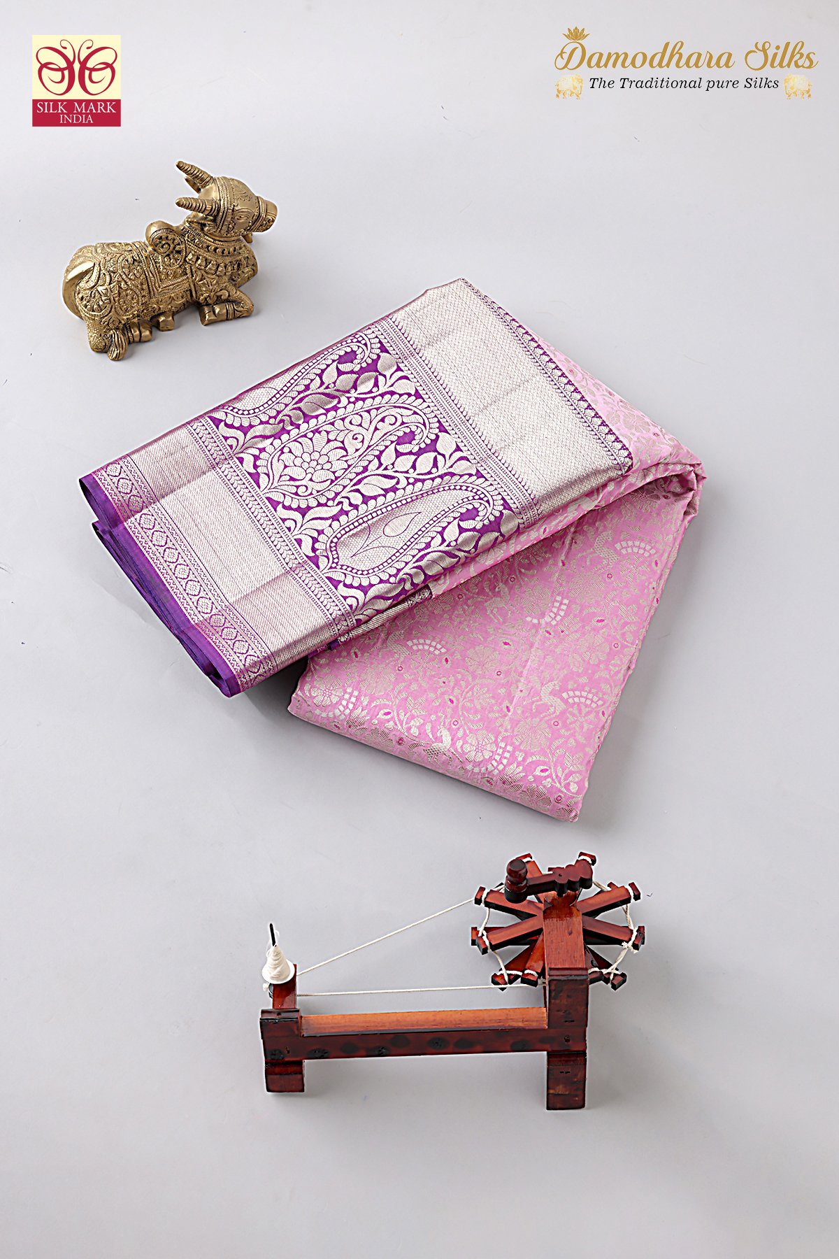 Light Pink With Purple Deer Motif Kanchipuram Silk Saree