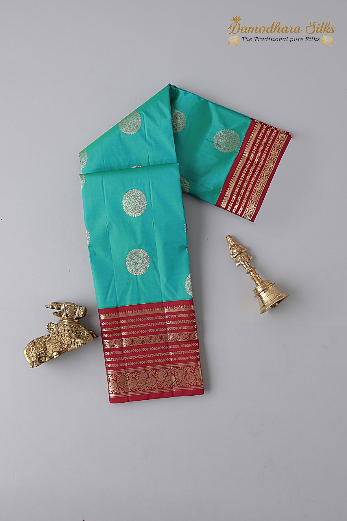 Sky Blue Green Peacock Motif Kanchipuram Silk Saree