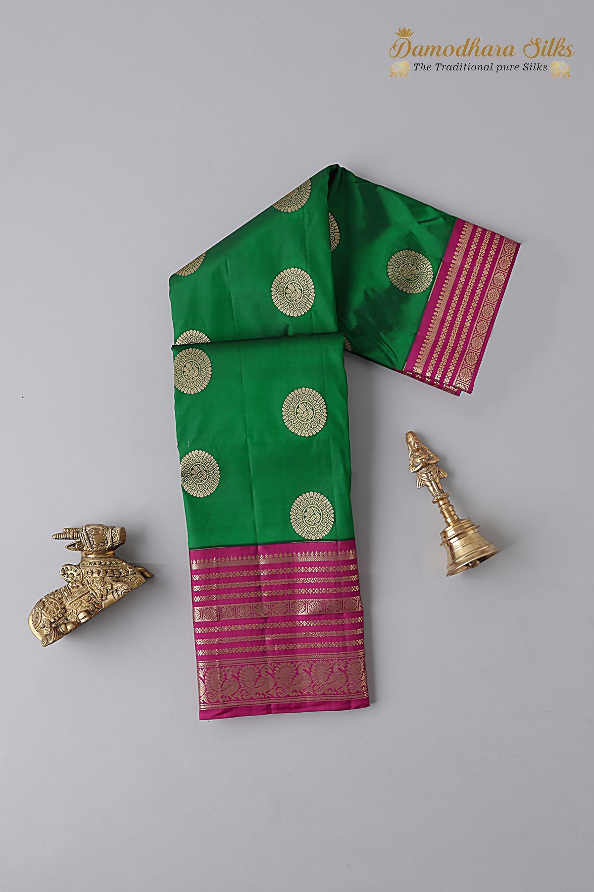 Green With Pink Peacock Motif Kanchipuram Silk Saree